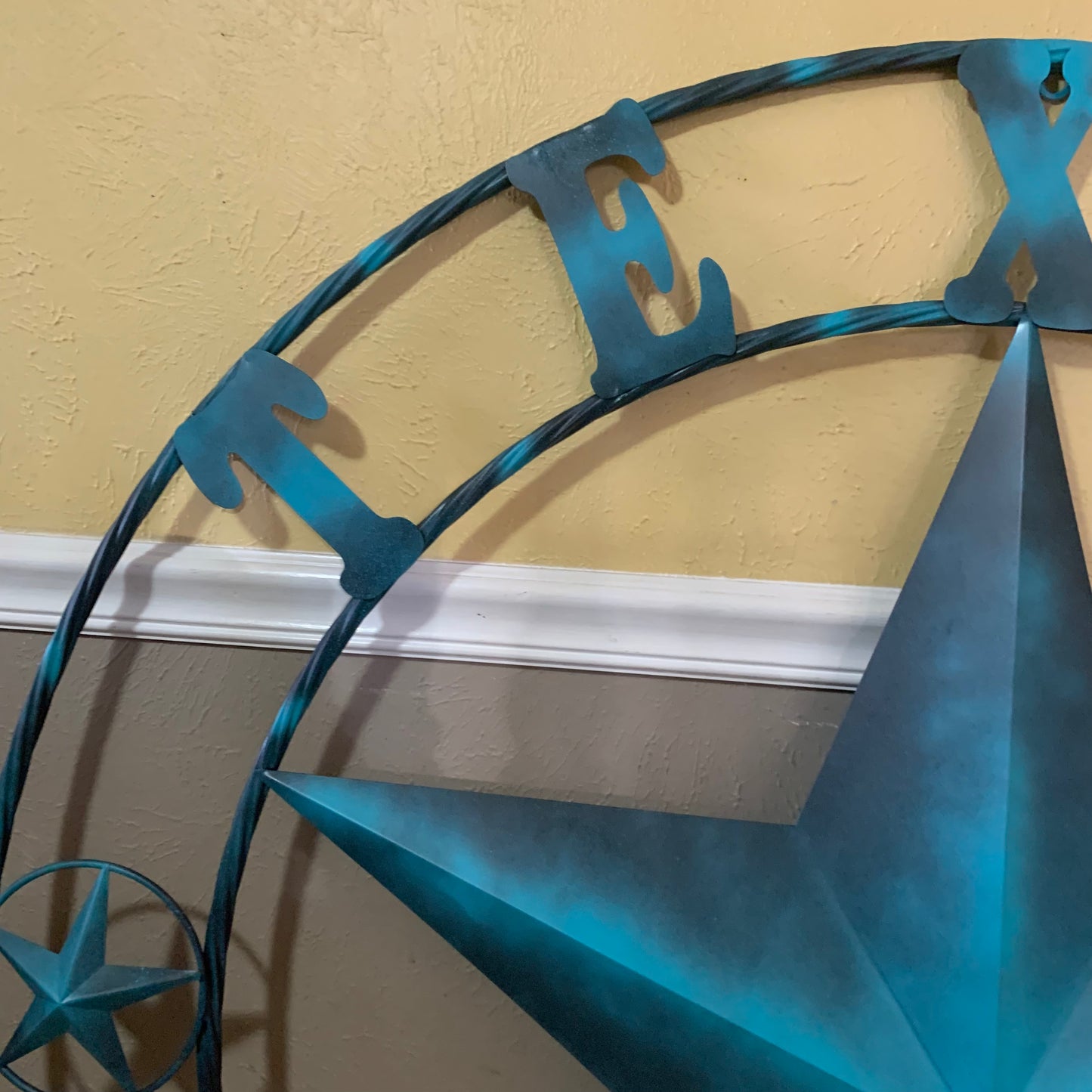 TEXAS LONESTAR TURQUOISE DISTRESSED TWO TONE METAL BARN STAR TWISTED ROPE RING WALL ART WESTERN HOME DECOR HANDMADE NEW #EH10483