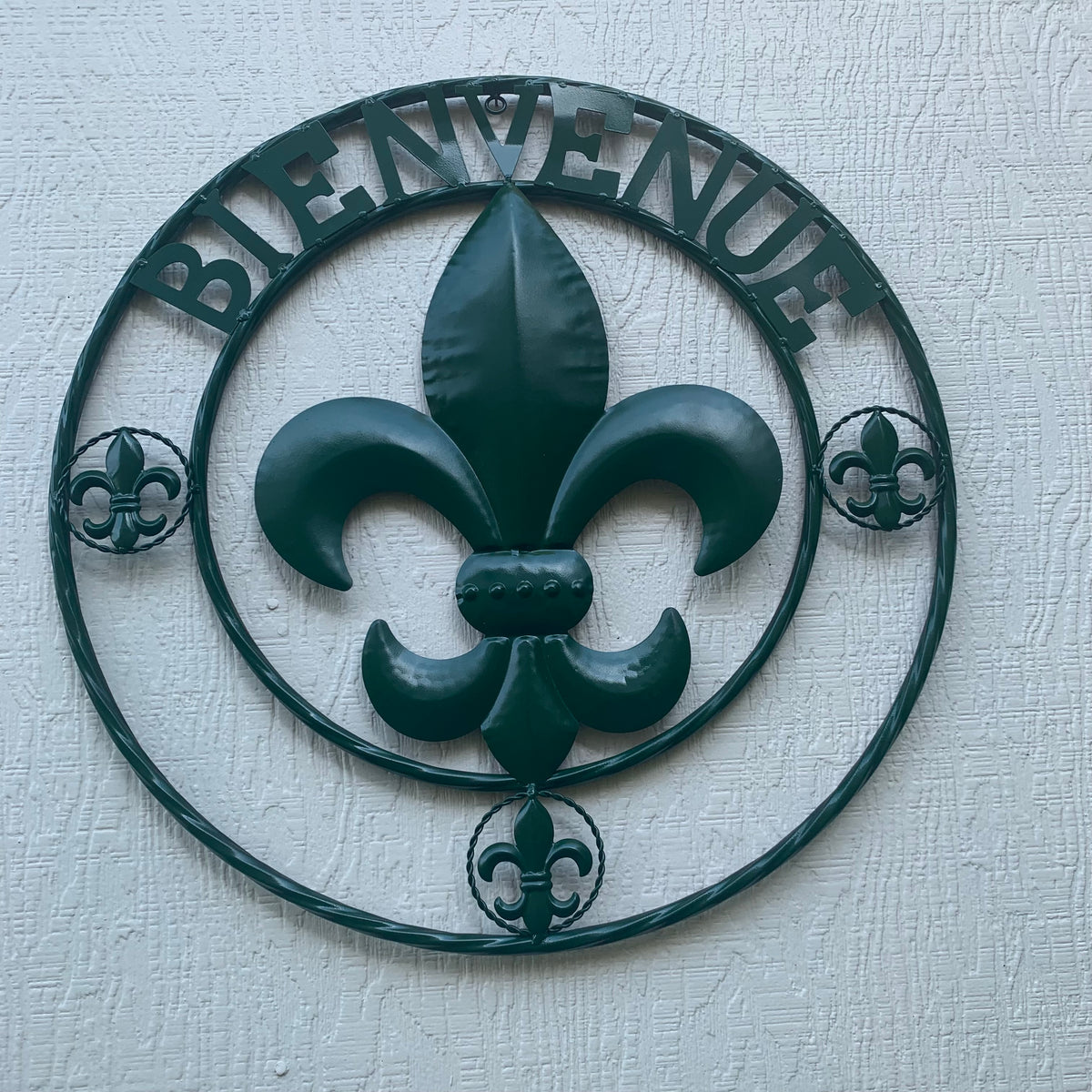 24", 32" GLOSSY HUNTER GREEN FLEUR DE LIS BIENVENUE METAL WALL ART WESTERN HOME DECOR