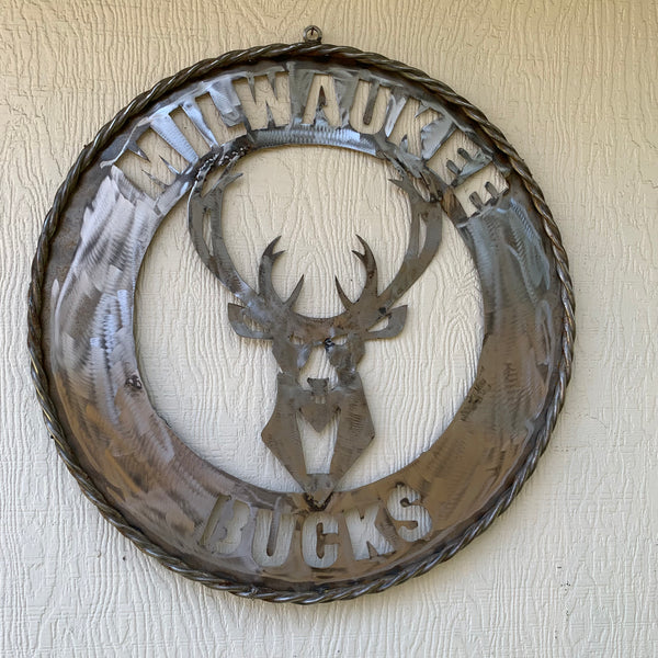 24" MILWAUKEE BUCKS RAW METAL WIDE BAND DISC STYLE METAL CUSTOM VINTAGE CRAFT TEAM SPORTS SIGN HANDMADE