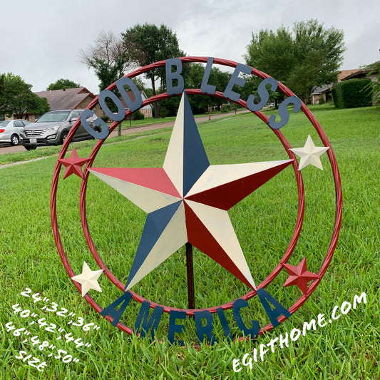 #EH10489 GOD BLESS AMERICA USA FLAG BARN STAR METAL RED WHITE BLUE WESTER HOME DECOR HANDMADE NEW