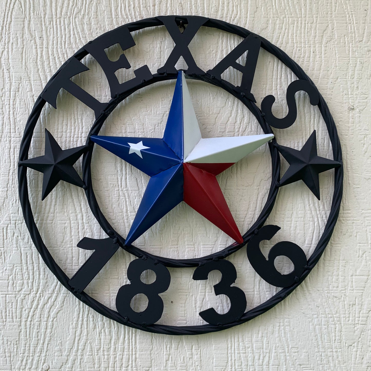 16" TEXAS 1836 RED WHITE BLUE TEXAS FLAG STAR & BLACK RING BARN STAR METAL WALL WESTERN HOME DECOR HANDMADE NEW ART