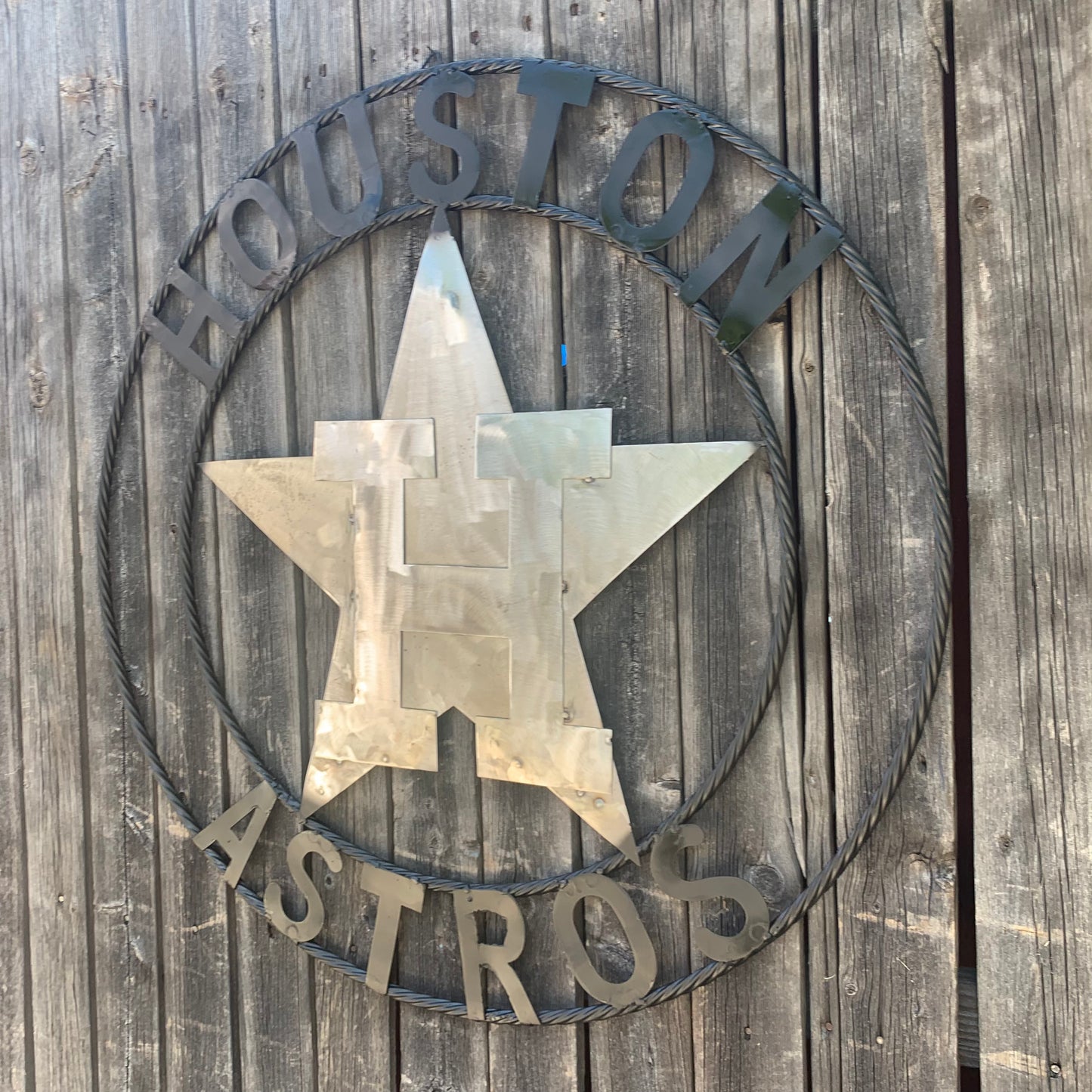 HOUSTON ASTROS CUSTOM METAL VINTAGE CRAFT SIGN TEAM SILVER RAW METAL LOGO WITH BLACK RING HANDMADE
