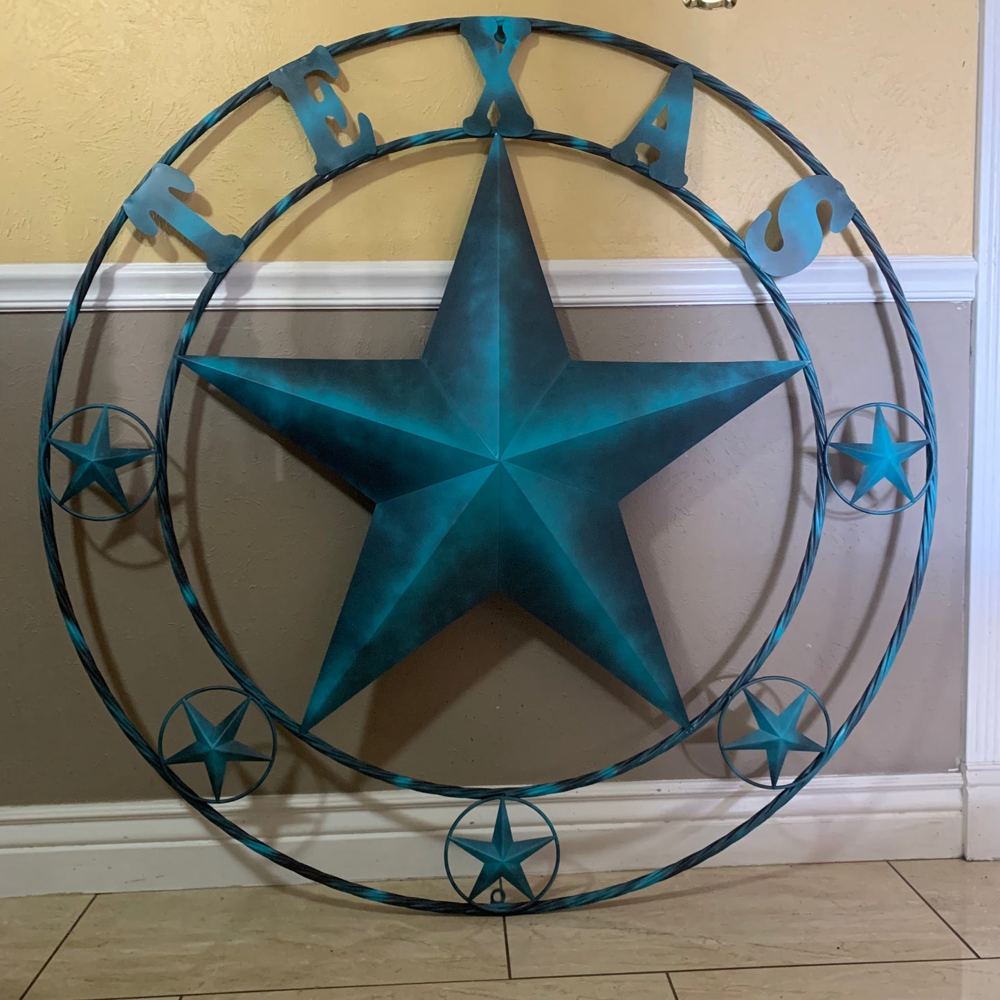 TEXAS LONESTAR TURQUOISE DISTRESSED TWO TONE METAL BARN STAR TWISTED ROPE RING WALL ART WESTERN HOME DECOR HANDMADE NEW #EH10483