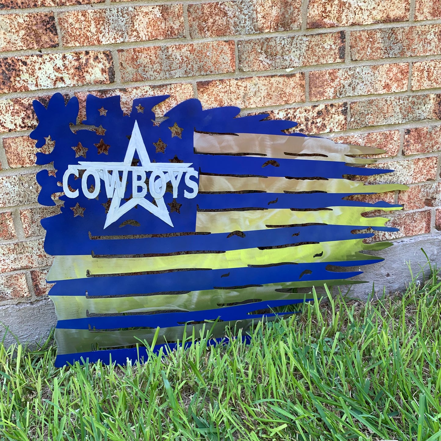 DALLAS COWBOYS METAL TATTERED FLAG BRIGHT BLUE & SILVER CUSTOM VINTAGE CRAFT TEAM SIGN HANDMADE