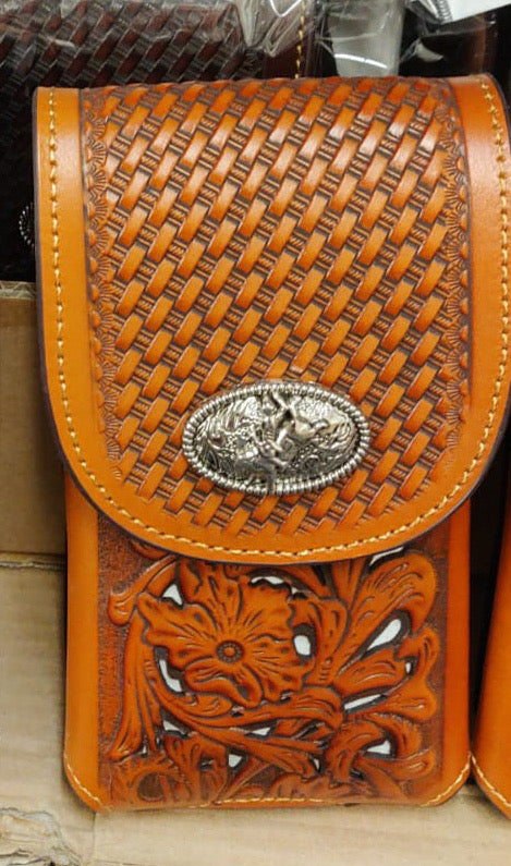 7" RODEO BULL RIDER BROWN TAN LEATHER POUCH EXTRA LARGE  BELT LOOP HOLSTER CELL PHONE CASE UNIVERSAL OVERSIZE--FREE SHIPPING
