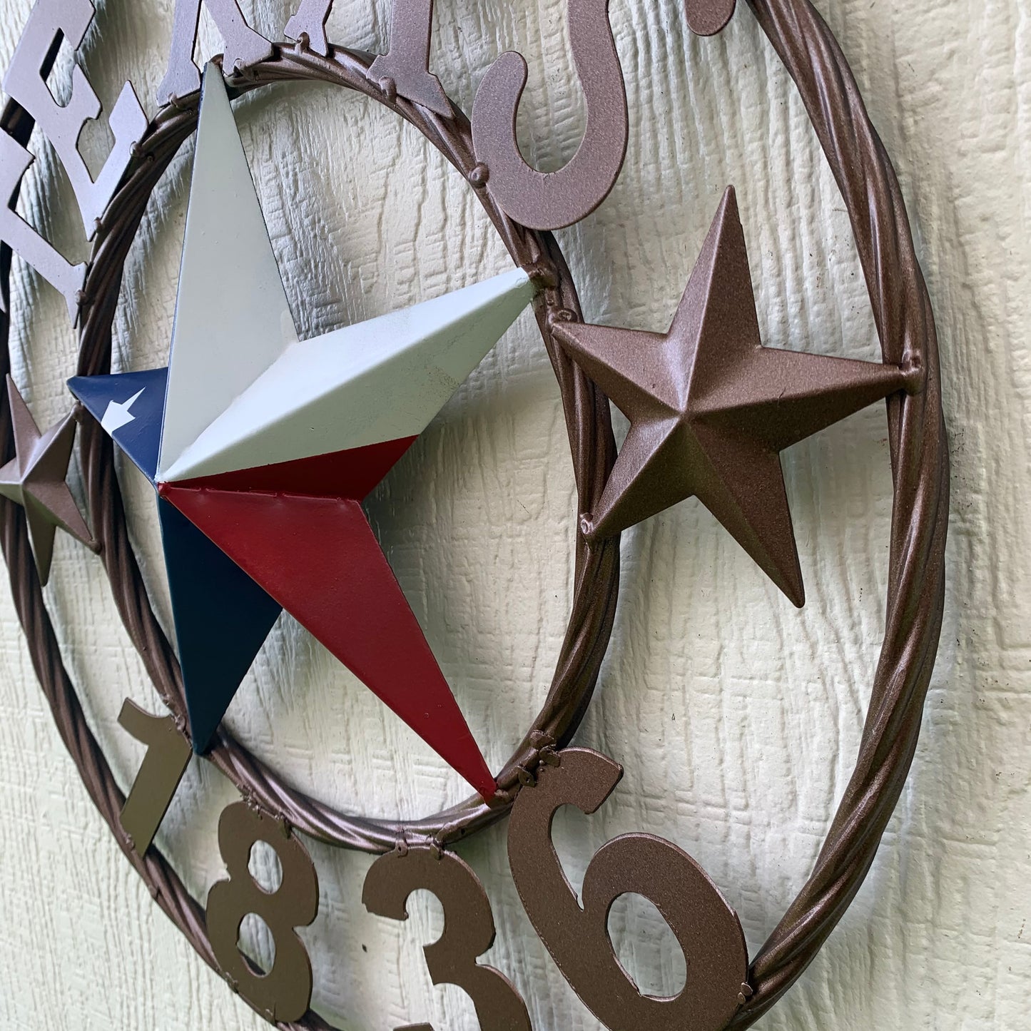 16" TEXAS 1836 RED WHITE BLUE TEXAS FLAG STAR BRONZE RING METAL BARN STAR WESTERN HOME DECOR HANDMADE NEW ART