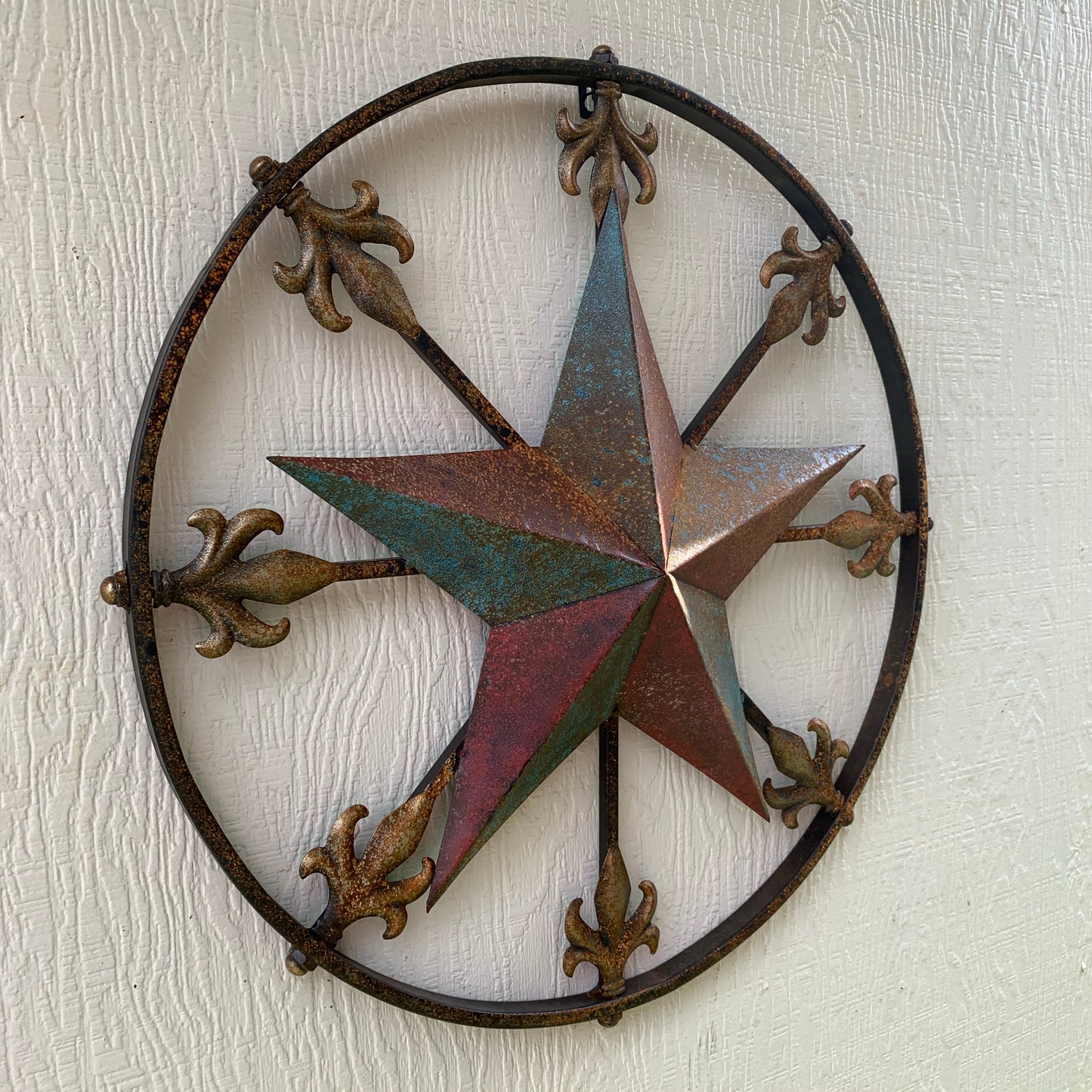 24" RUSTIC STAR & MULTI FLEUR DE LIS METAL WALL ART WESTERN HOME DECOR RED GOLD & TURQUOISE ART