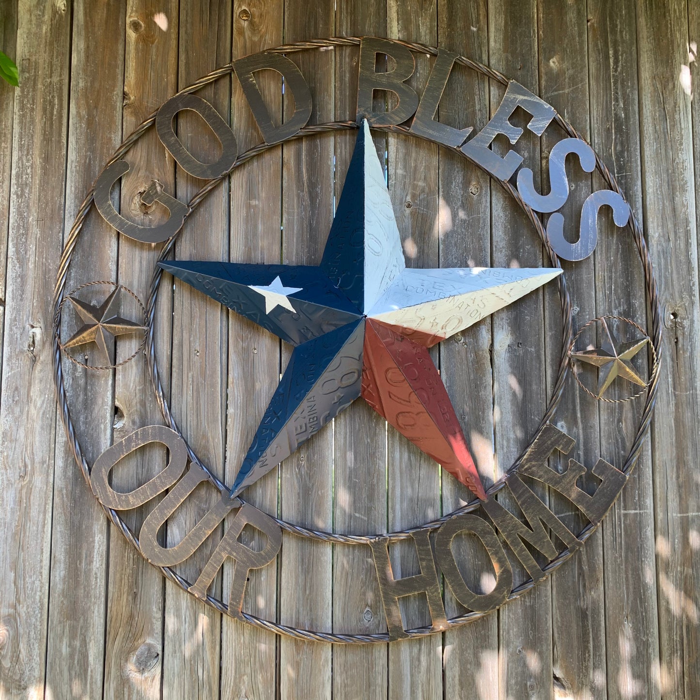 GOD BLESS OUR HOME LICENSE PLATE BARN METAL STAR ROPE RING WALL ART WESTERN HOME DECOR RED WHITE BLUE HANDMADE #EH12927