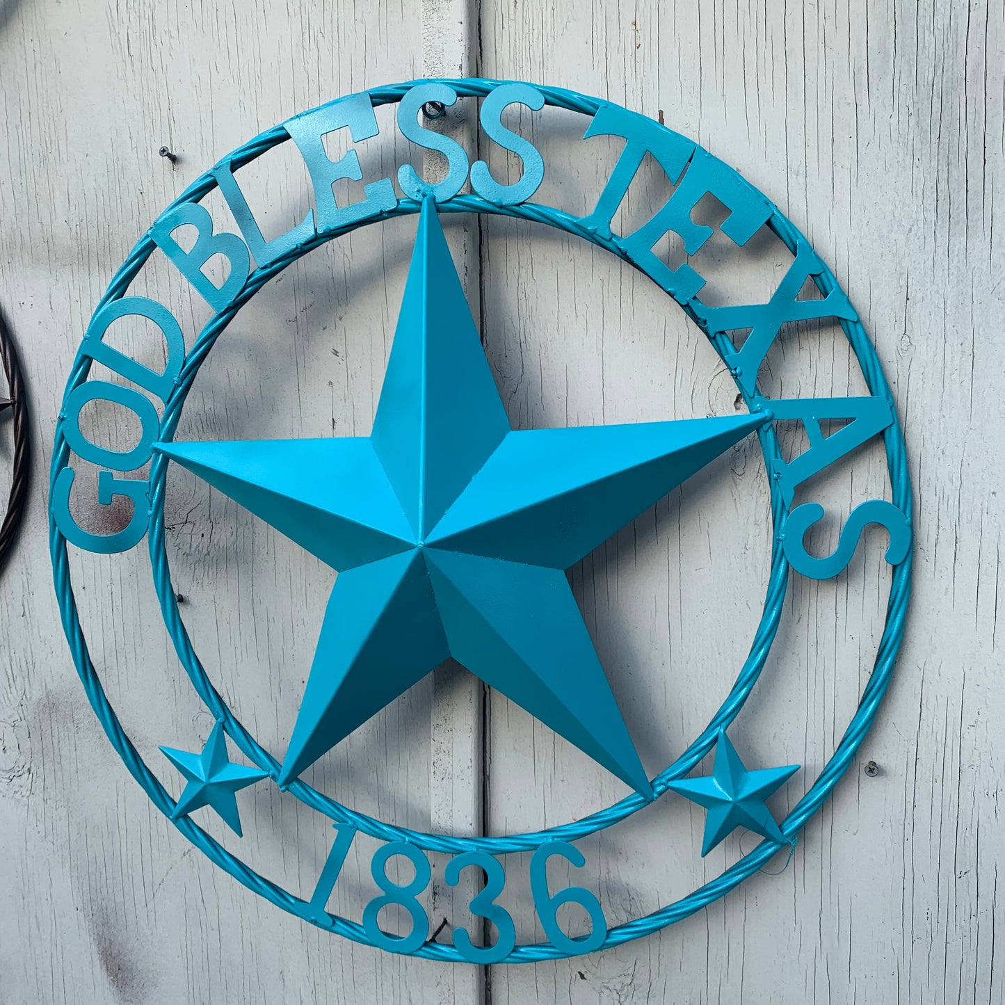 GOD BLESS TEXAS 1836 BARN METAL STAR TWISTED ROPE RING WESTERN HOME DECOR RUSTIC TURQUOISE SEASIDE NEW 24",32",36"