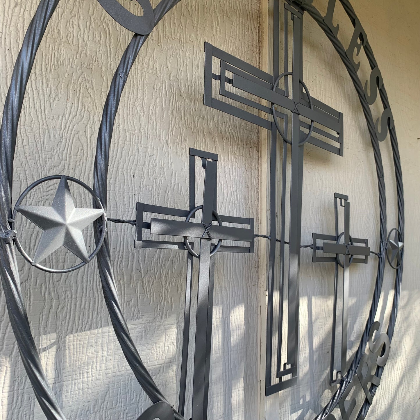 40"GOD BLESS OUR RIDERS CRUCIFIX GREY CROSS METAL WALL ART HANDMADE