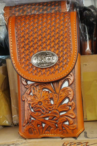7" COWBOY PRAYING CHURCH TAN BROWN LEATHER POUCH EXTRA LARGE  BELT LOOP HOLSTER CELL PHONE CASE UNIVERSAL OVERSIZE