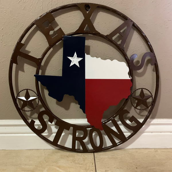 TEXAS STRONG SIGN METAL WALL ART WESTERN HOME DECOR RED WHITE BLUE WITH BRONZE RING HANDMADE #EH13212