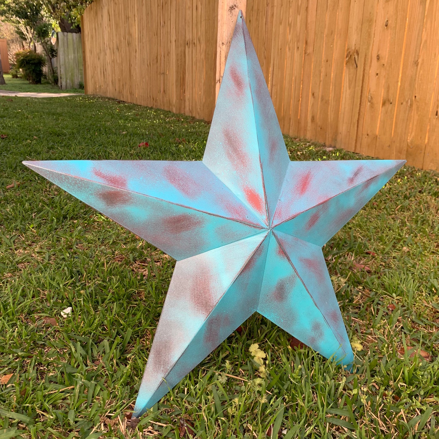 #EH10480 TURQUOISE DISTRESSED TWO TONE BARN STAR METAL ART WESTERN HOME DECOR HANDMADE NEW