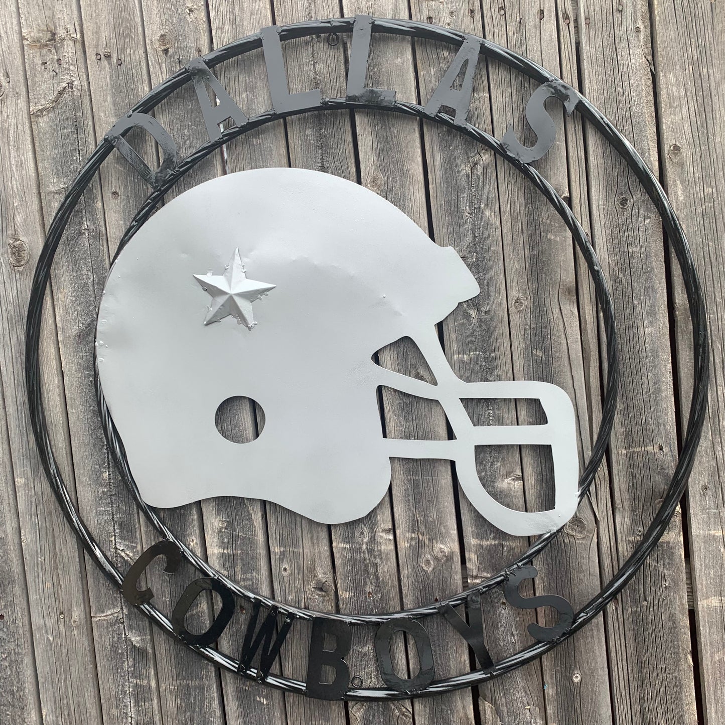 24", 32",36" DALLAS COWBOYS HELMET SIGN SILVER & BLACK CUSTOM METAL VINTAGE CRAFT TEAM SIGN HANDMADE