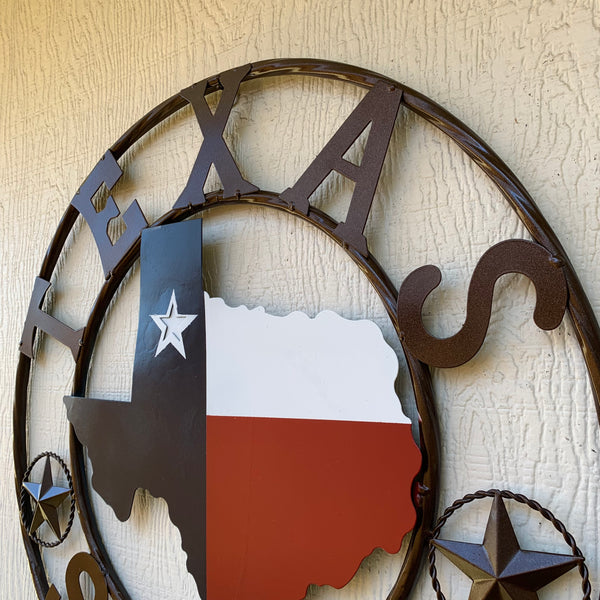 TEXAS STRONG SIGN METAL WALL ART WESTERN HOME DECOR RED WHITE BLUE WITH BRONZE RING HANDMADE #EH13212