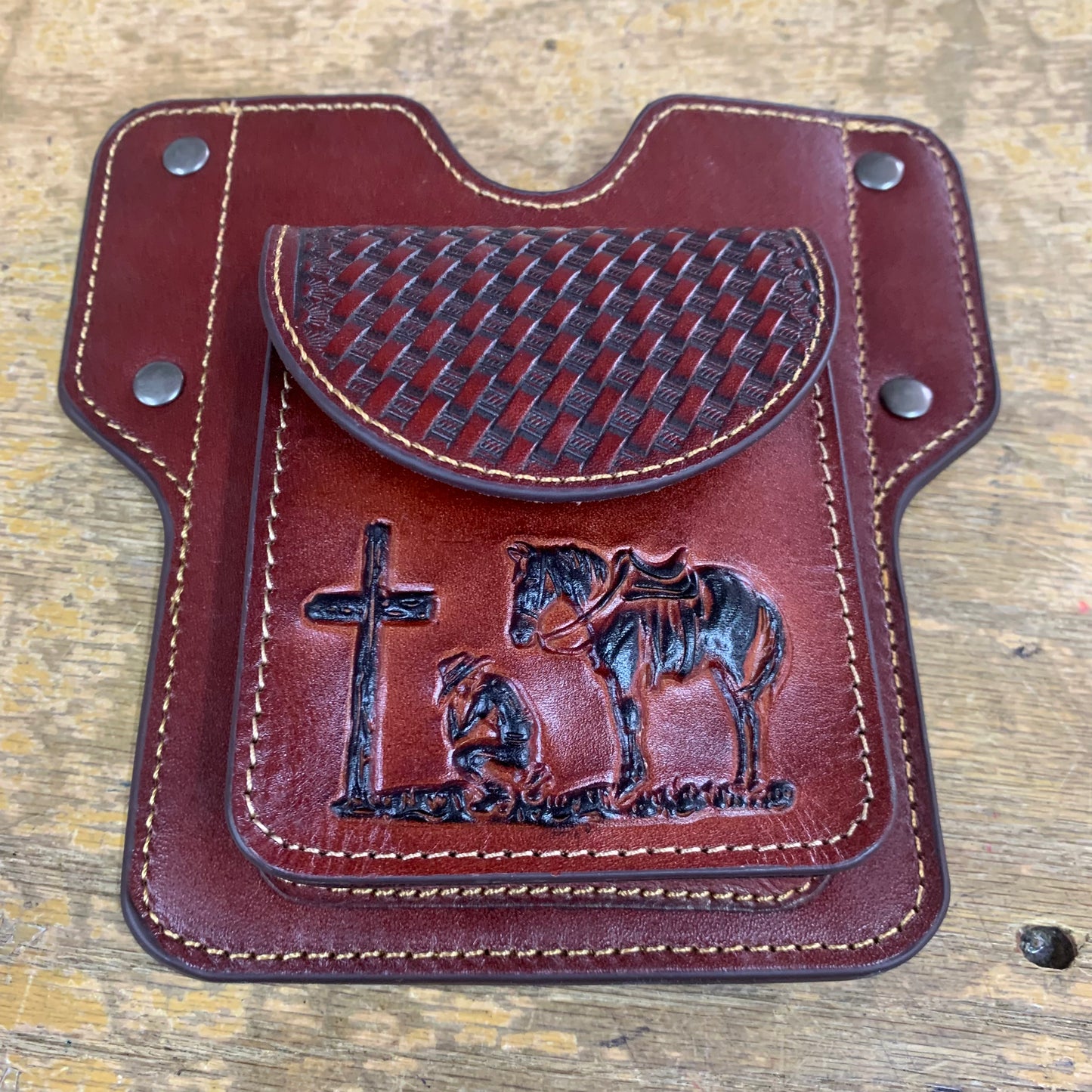 7" x 6" PRAYER BURGUNDY GENUINE SHOOTING LEATHER POUCH BELT LOOP HANDMADE NEW -- FREE SHIPPING