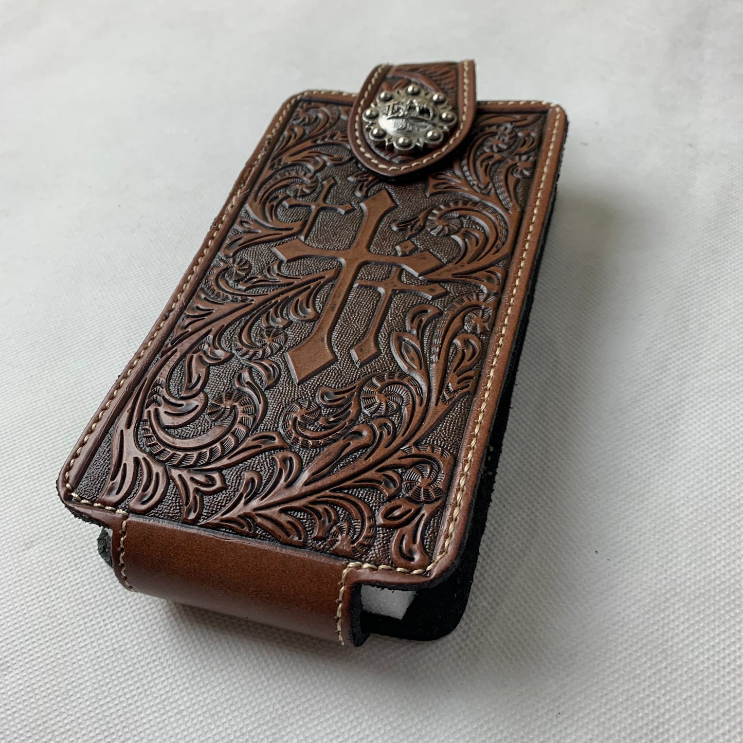 7" COWBOY PRAYER CROSS LEATHER HOLSTER POUCH COFFEE BROWN  LARGE  BELT LOOP HOLSTER CELL PHONE CASE UNIVERSAL OVERSIZE #WS344D--FREE SHIPPING