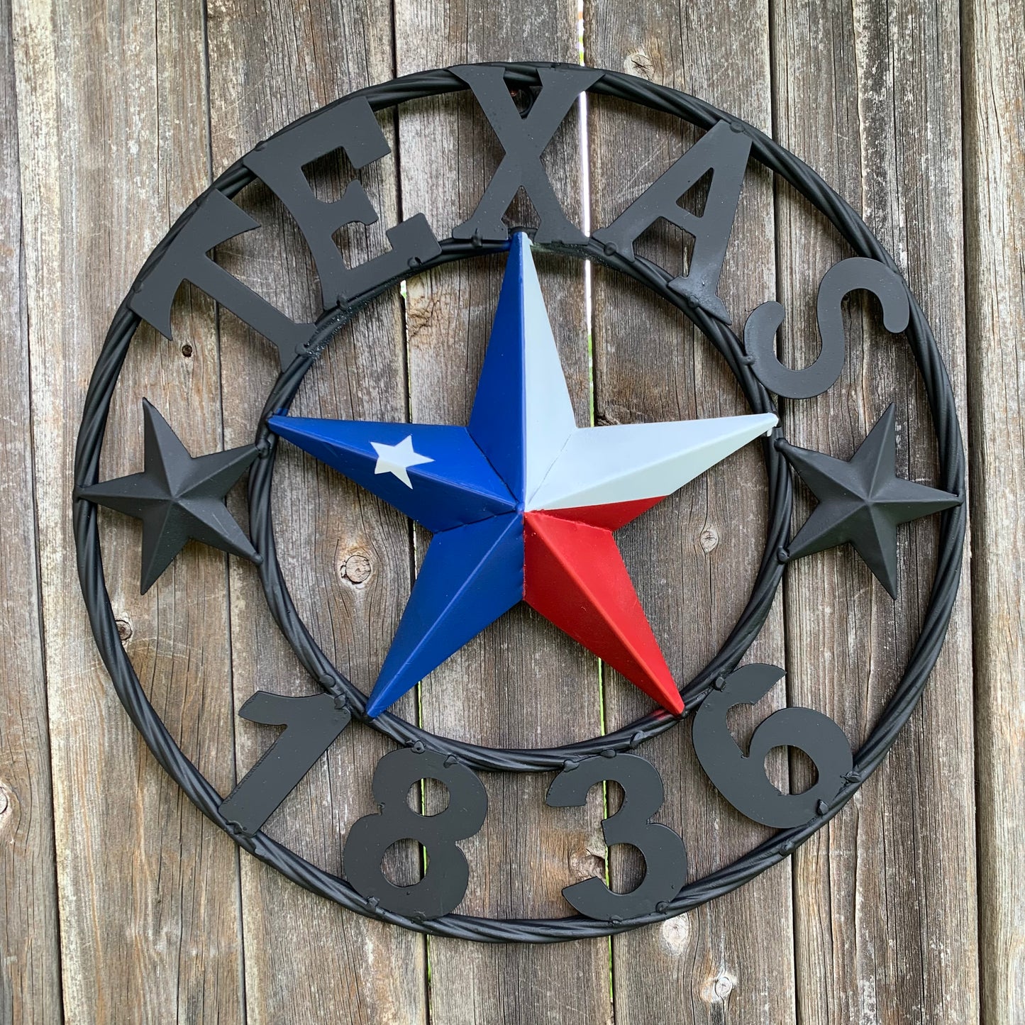 16" TEXAS 1836 RED WHITE BLUE TEXAS FLAG STAR & BLACK RING BARN STAR METAL WALL WESTERN HOME DECOR HANDMADE NEW ART