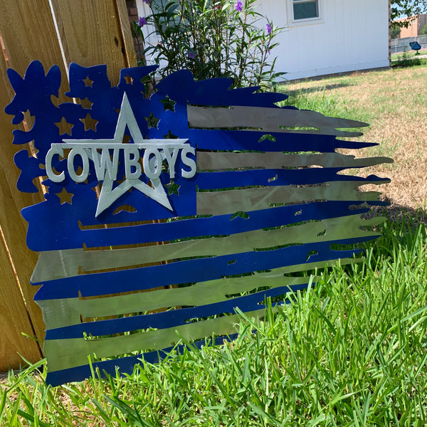 DALLAS COWBOYS METAL TATTERED FLAG BRIGHT BLUE & SILVER CUSTOM VINTAGE CRAFT TEAM SIGN HANDMADE