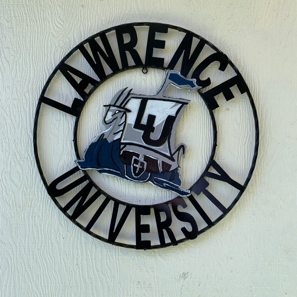 LAWRENCE UNIVERSITY METAL CUSTOM VINTAGE CRAFT WALL ART RUSTIC BLUE SILVER WHITE TEAM SIGN HANDMADE