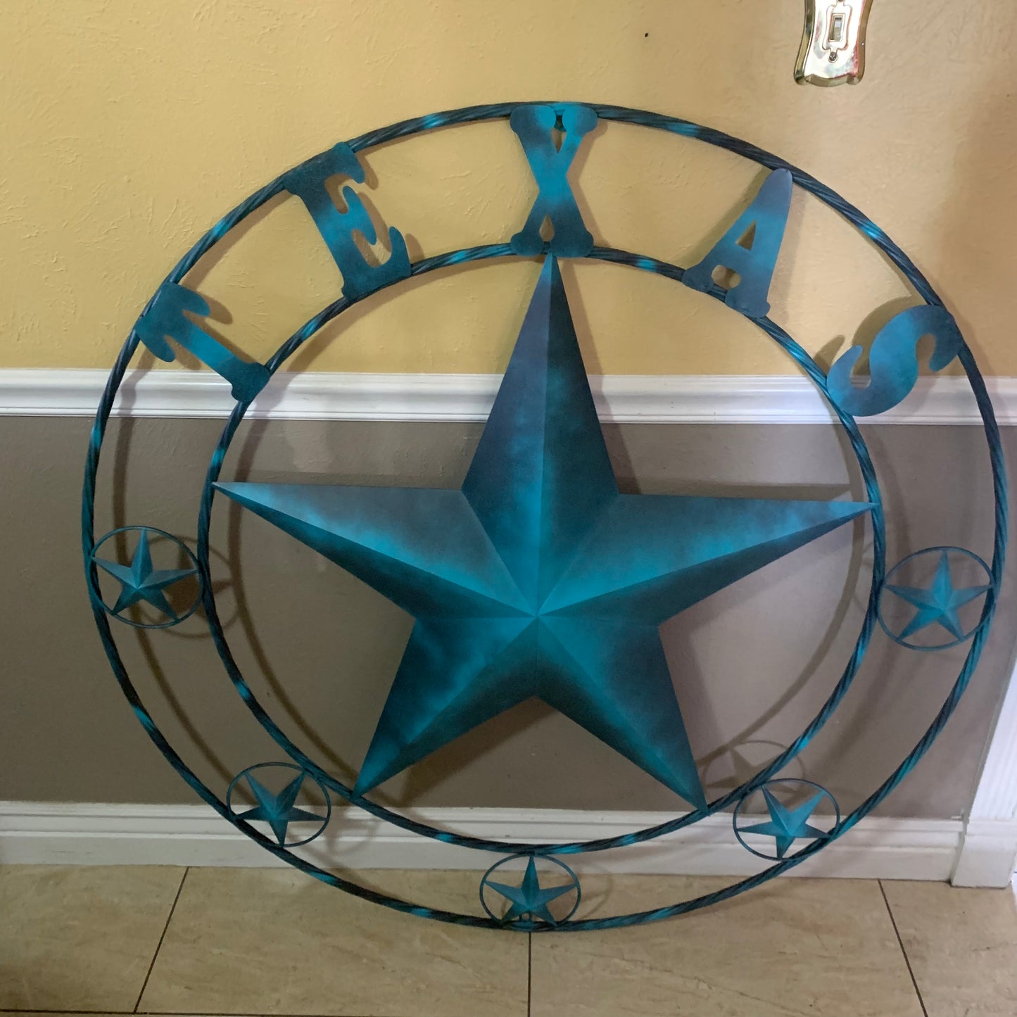 TEXAS LONESTAR TURQUOISE DISTRESSED TWO TONE METAL BARN STAR TWISTED ROPE RING WALL ART WESTERN HOME DECOR HANDMADE NEW #EH10483
