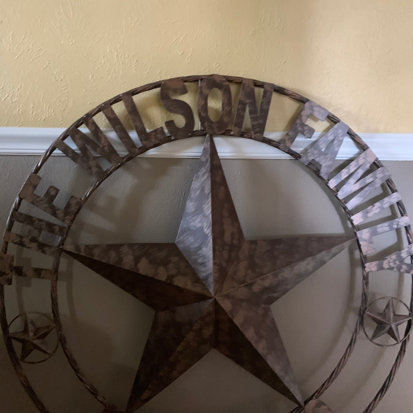 COLOMINA STYLE YOUR CUSTOM NAME BARN STAR BRONZE BRUSH COPPER METAL STAR 3d TWISTED ROPE RING COLOMINA WESTERN HOME DECOR RUSTIC VINTAGE HANDMADE 24",32",36",40",42",44",46",50"