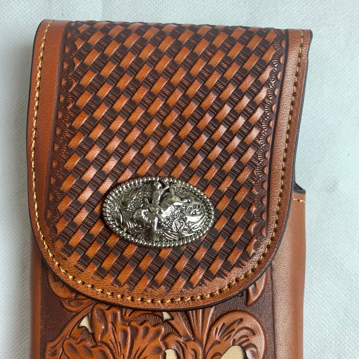 7.5" RODEO BULL RIDER TAN BEIGE LEATHER POUCH EXTRA LARGE  BELT LOOP HOLSTER CELL PHONE CASE UNIVERSAL OVERSIZE HANDMADE #EH12963