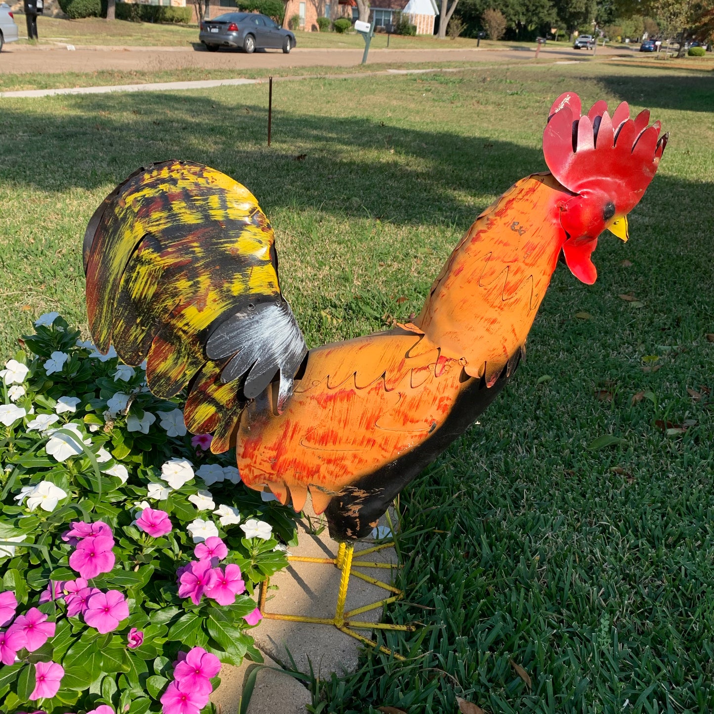 #34-025 RUSTIC ORANGE RED ROOSTER 18",30",40" GARDEN METAL ANIMAL SCULPTURE METAL DECOR ORNAMENT 16"L x 20" high