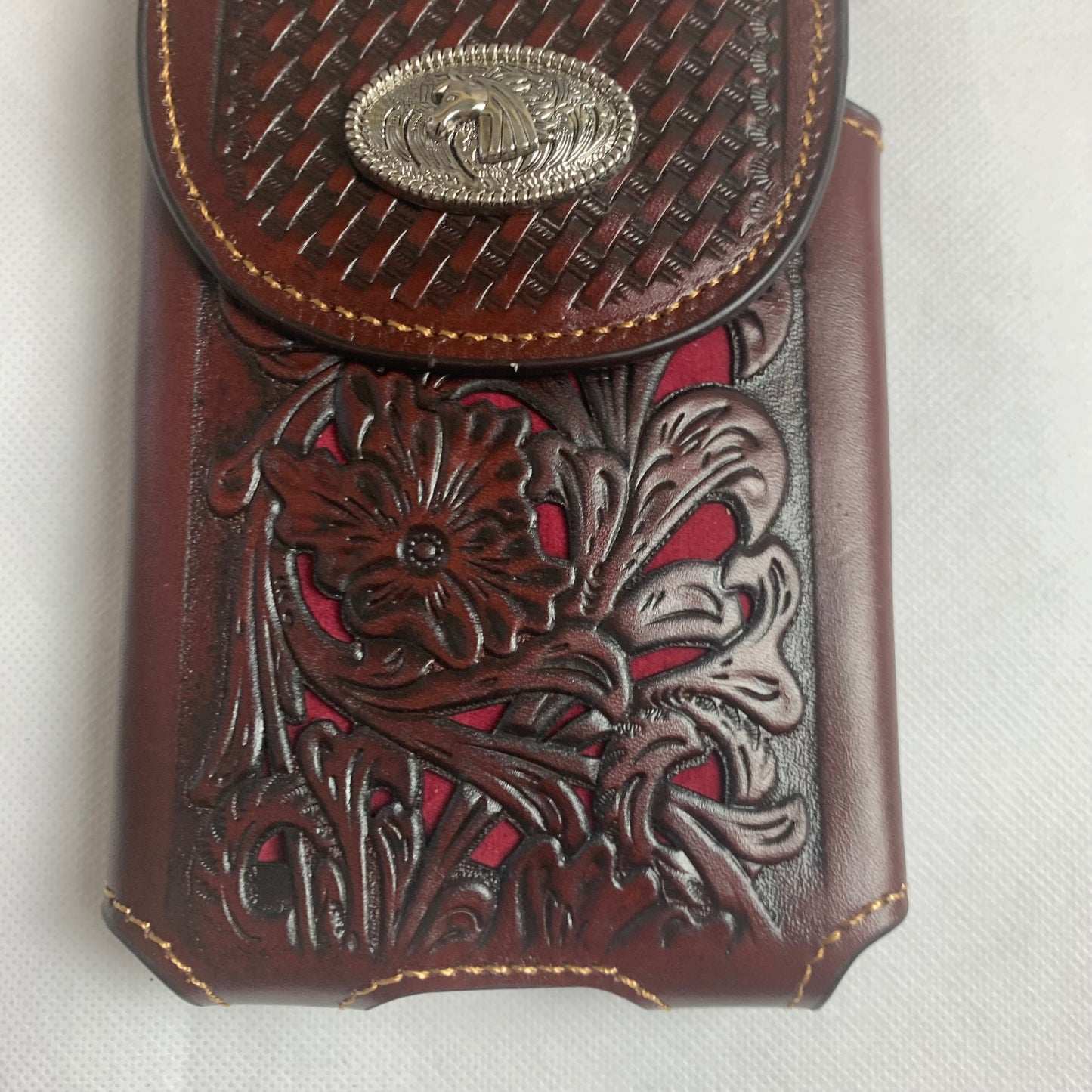 #LG2004  7.5" HORSE COFFEE BROWN & RED LEATHER POUCH EXTRA LARGE  BELT LOOP HOLSTER CELL PHONE CASE UNIVERSAL OVERSIZE