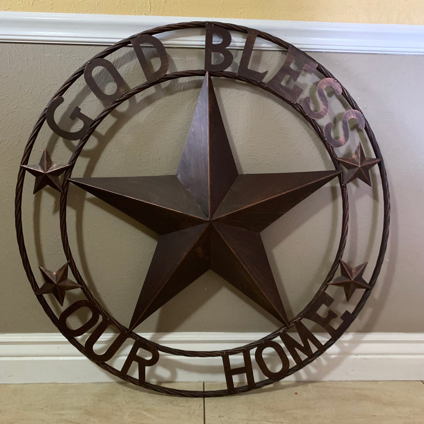 GOD BLESS OUR HOME BARN STAR METAL LONE STAR TWISTED ROPE RING WESTERN HOME DECOR HANDMADE #EH11040