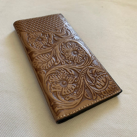 WESTERN CHECKBOOK BI FOLD WALLET or MEN'S WALLET GENUINE LEATHER LIGHT BROWN FRONT FLORAL EMBOSSED NEW