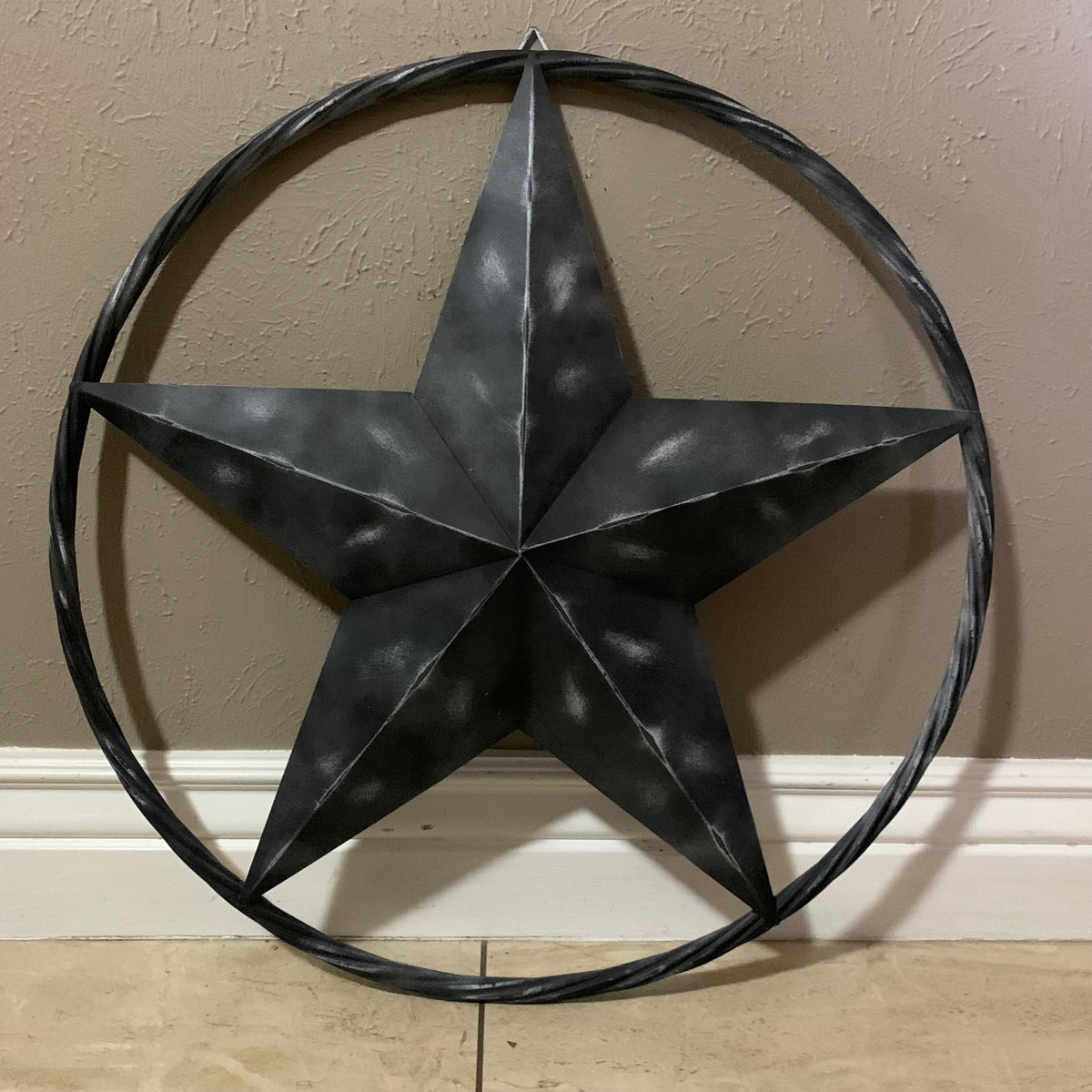 RUSTIC BLACK DISTRESSED TWO TONE BARN LONE STAR ROPE RING METAL WALL ART WESTERN HOME DECOR HANDMADE