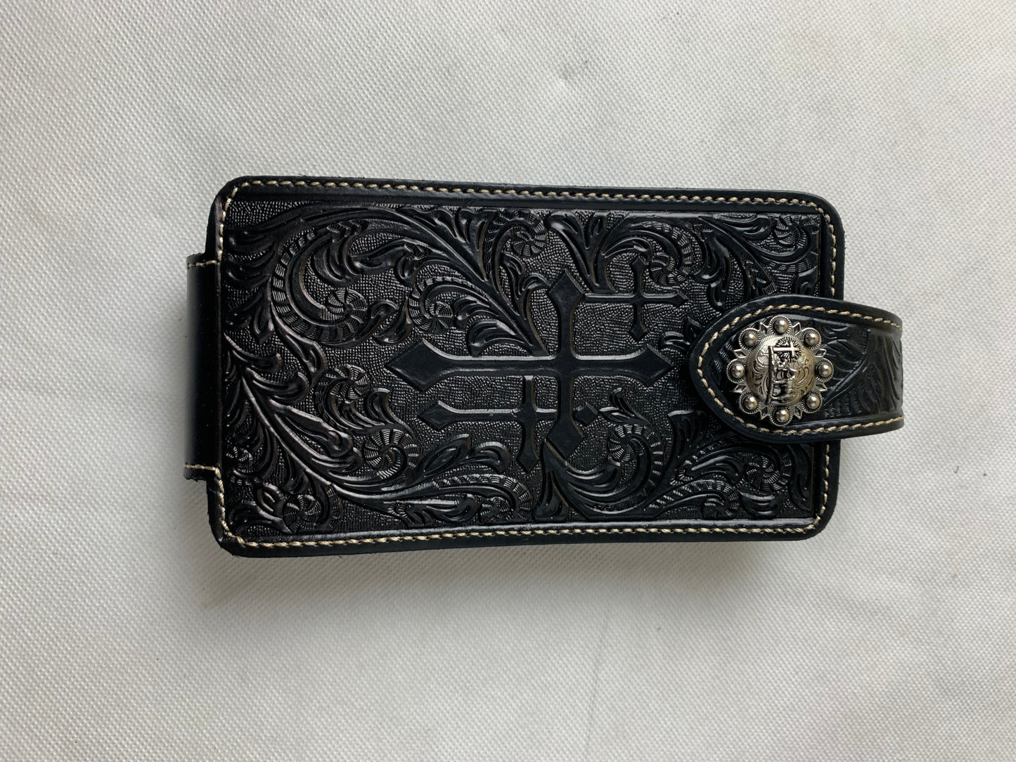 #WS341D 7" COWBOY PRAYER CROSS HOLSTER BLACK LEATHER POUCH EXTRA LARGE  BELT LOOP CELL PHONE CASE UNIVERSAL OVERSIZE--FREE SHIPPING