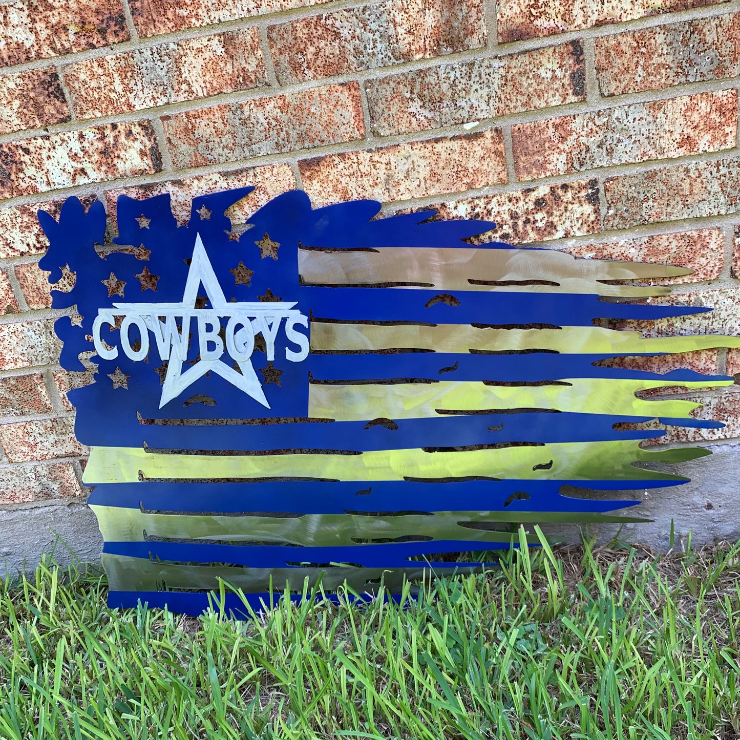 DALLAS COWBOYS METAL TATTERED FLAG BRIGHT BLUE & SILVER CUSTOM VINTAGE CRAFT TEAM SIGN HANDMADE