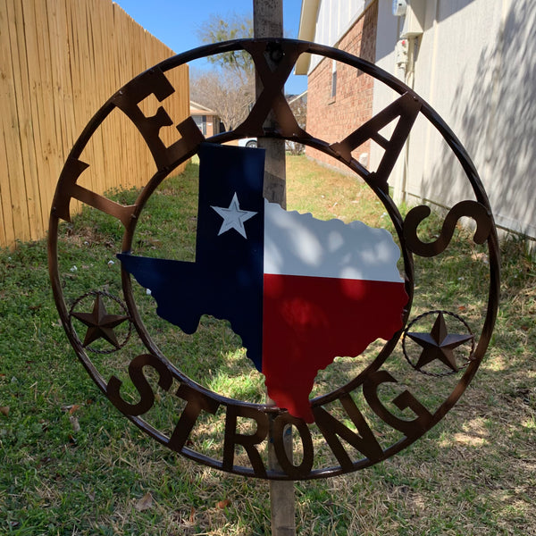 TEXAS STRONG SIGN METAL WALL ART WESTERN HOME DECOR RED WHITE BLUE WITH BRONZE RING HANDMADE #EH13212
