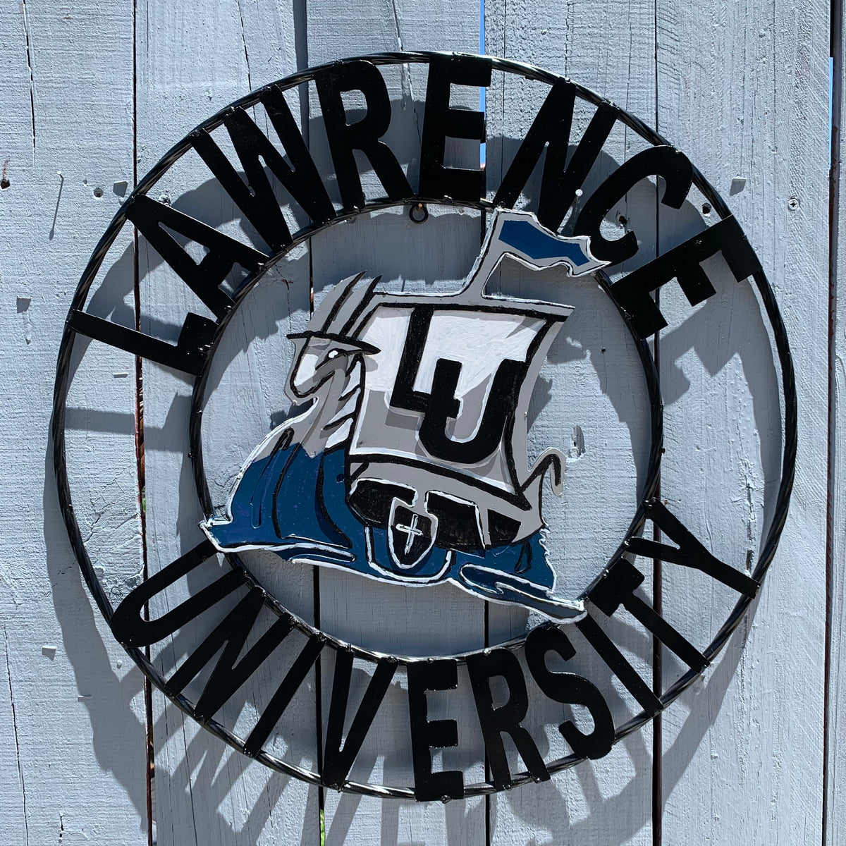 LAWRENCE UNIVERSITY METAL CUSTOM VINTAGE CRAFT WALL ART RUSTIC BLUE SILVER WHITE TEAM SIGN HANDMADE