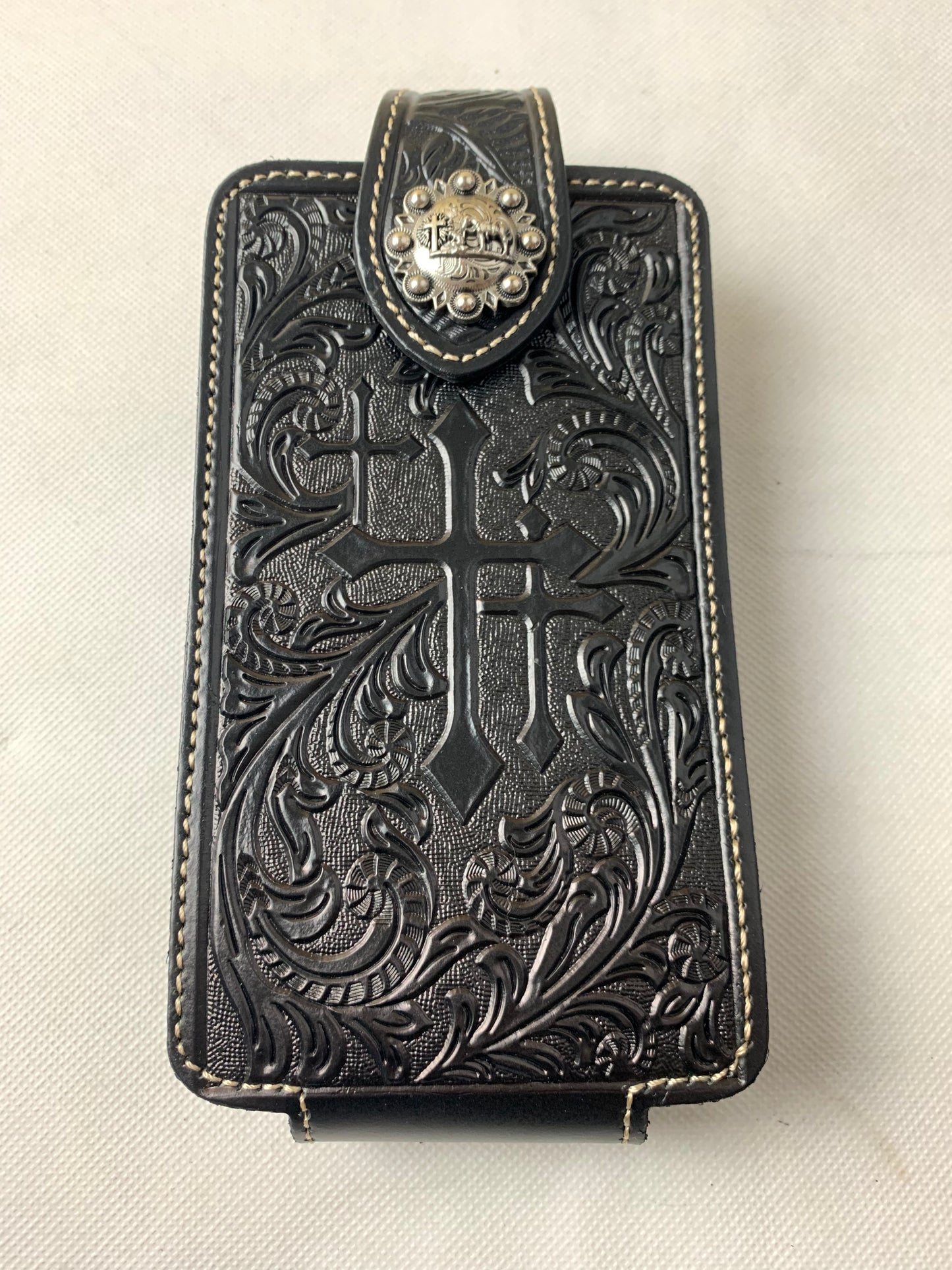 #WS341D 7" COWBOY PRAYER CROSS HOLSTER BLACK LEATHER POUCH EXTRA LARGE  BELT LOOP CELL PHONE CASE UNIVERSAL OVERSIZE--FREE SHIPPING
