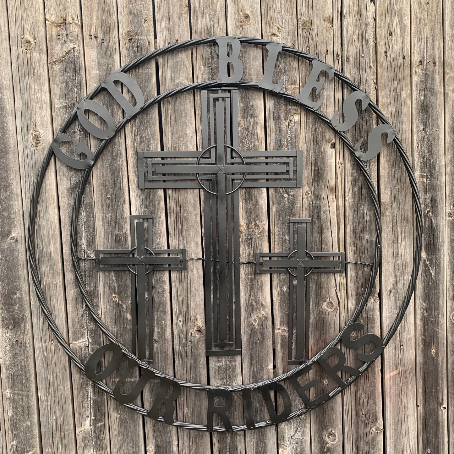 40"GOD BLESS OUR RIDERS CRUCIFIX BLACK CROSS METAL WALL ART HANDMADE