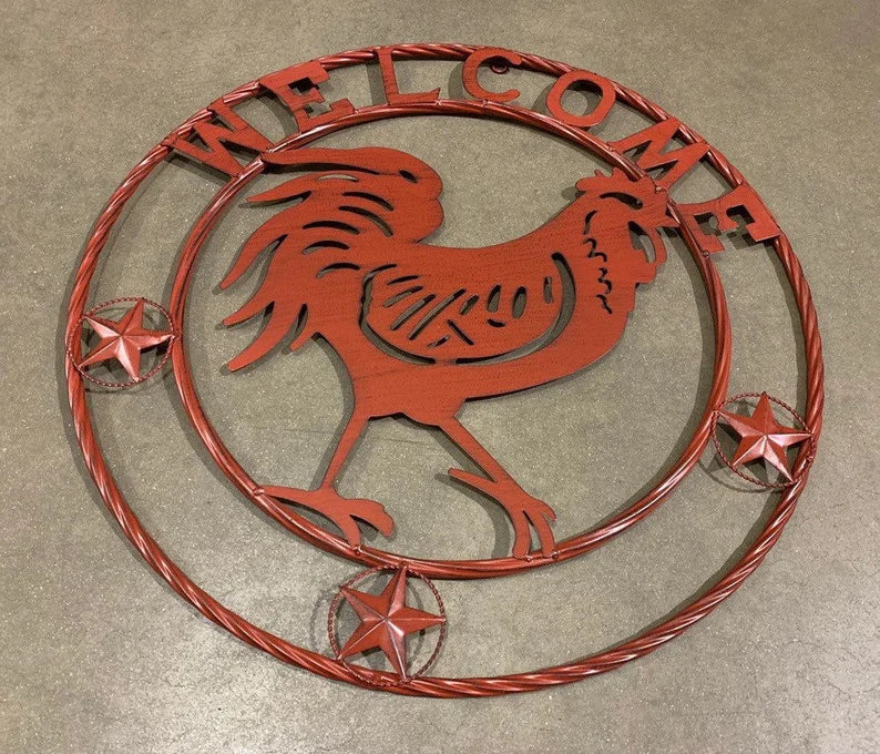 24" ROOSTER WELCOME WITH RING DESIGN WESTERN METAL ANIMAL ART HOME WALL DECOR BRAND NEW