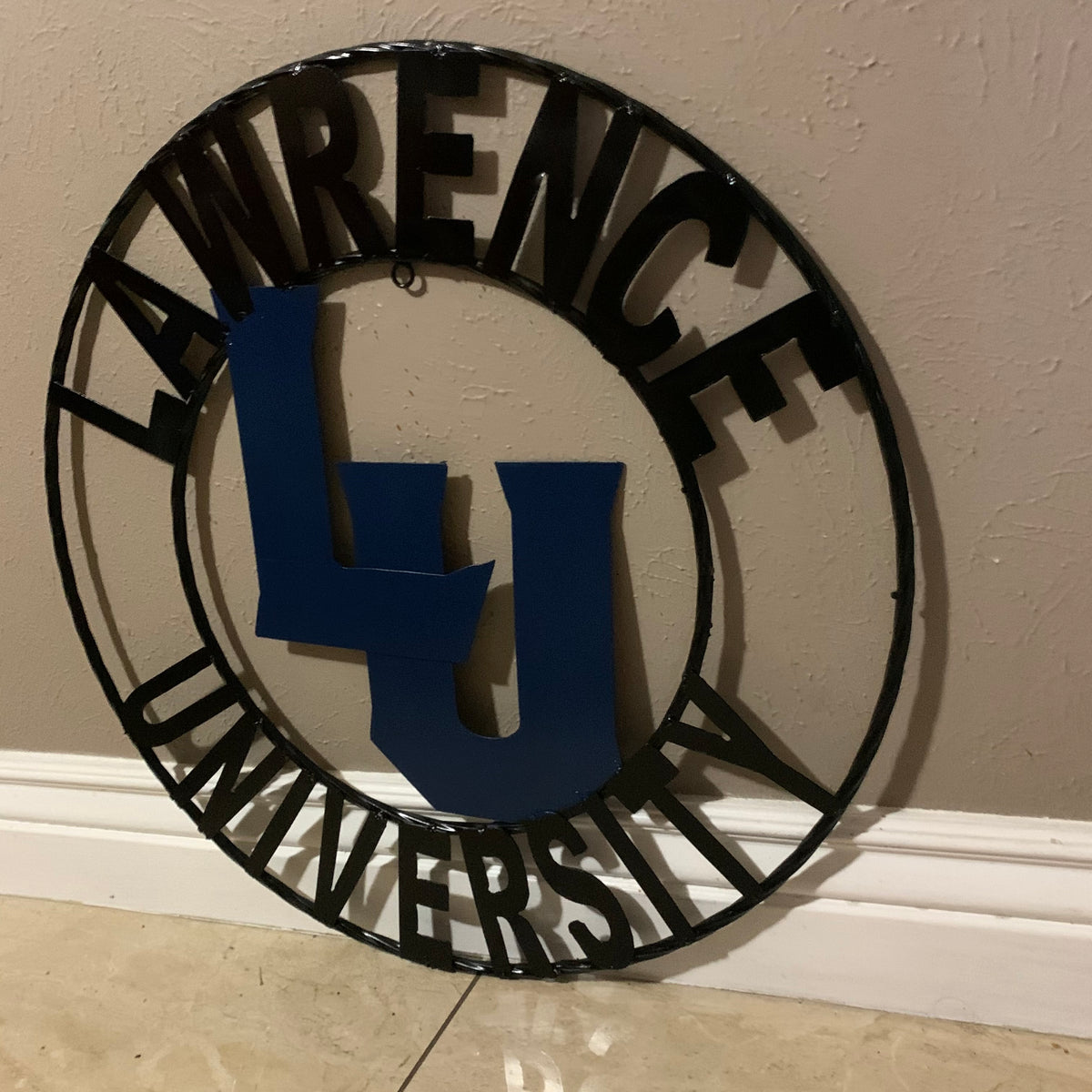 LAWRENCE UNIVERSITY METAL CUSTOM VINTAGE CRAFT WALL ART RUSTIC BLUE & BLACK TEAM SIGN HANDMADE