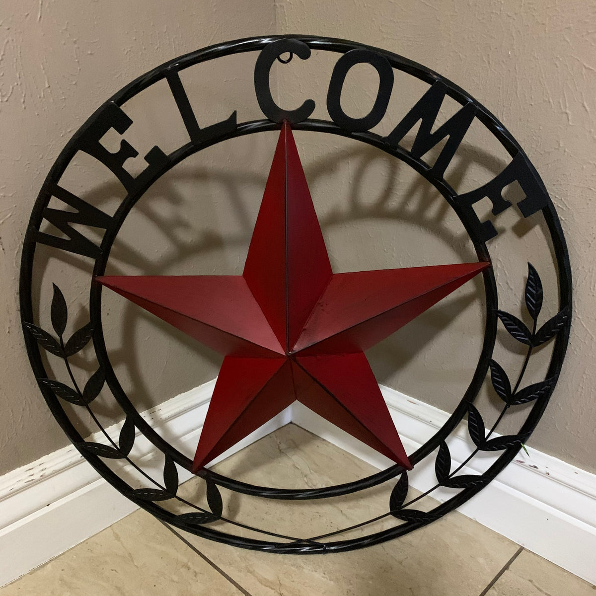 24" WELCOME LEAF LEAVES STAR METAL WALL ART WESTERN HOME DECOR RUSTIC RED HANDMADE