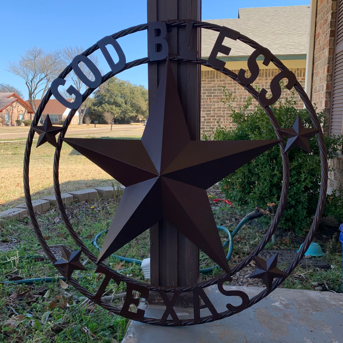 GOD BLESS TEXAS BROWN BARN STAR METAL LONE STAR TWISTED ROPE RING WESTERN HOME DECOR HANDMADE NEW #EH11085