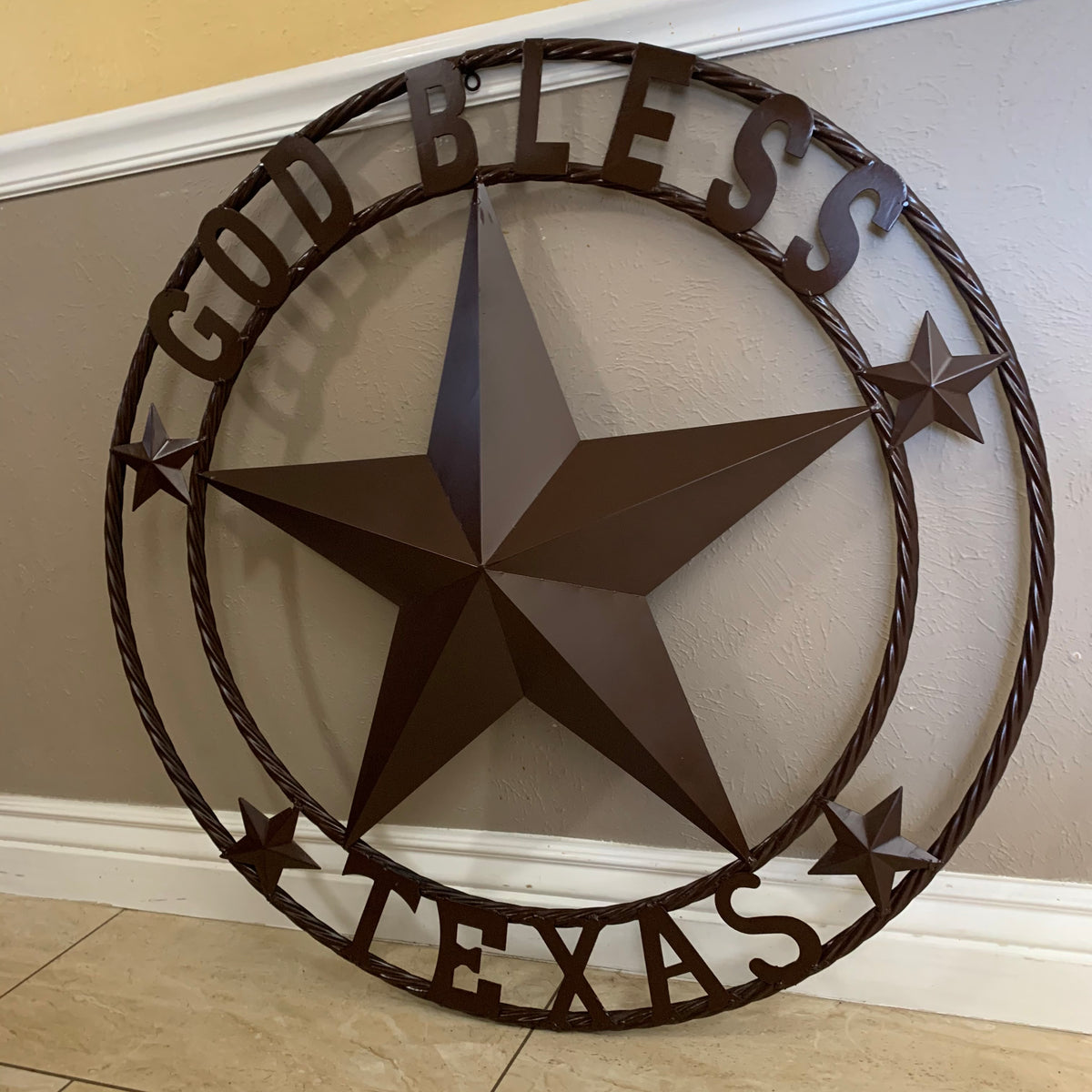 GOD BLESS TEXAS BROWN BARN STAR METAL LONE STAR TWISTED ROPE RING WESTERN HOME DECOR HANDMADE NEW #EH11085