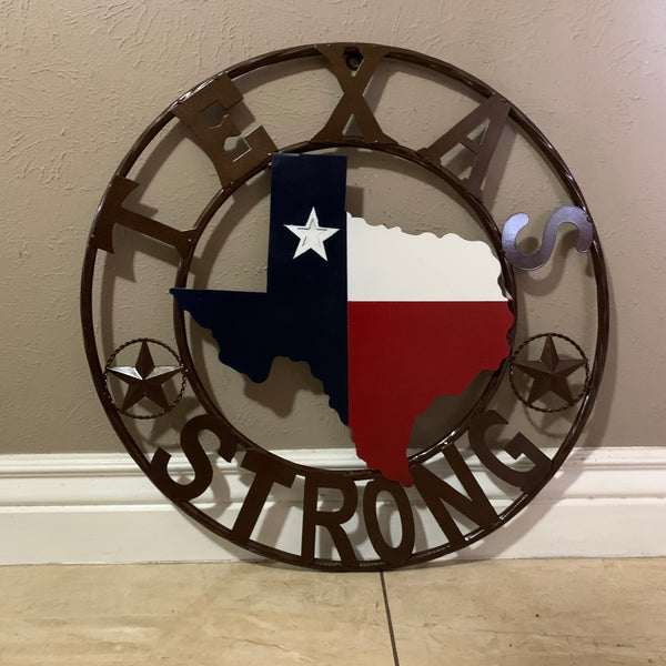 TEXAS STRONG SIGN METAL WALL ART WESTERN HOME DECOR RED WHITE BLUE WITH BRONZE RING HANDMADE #EH13212
