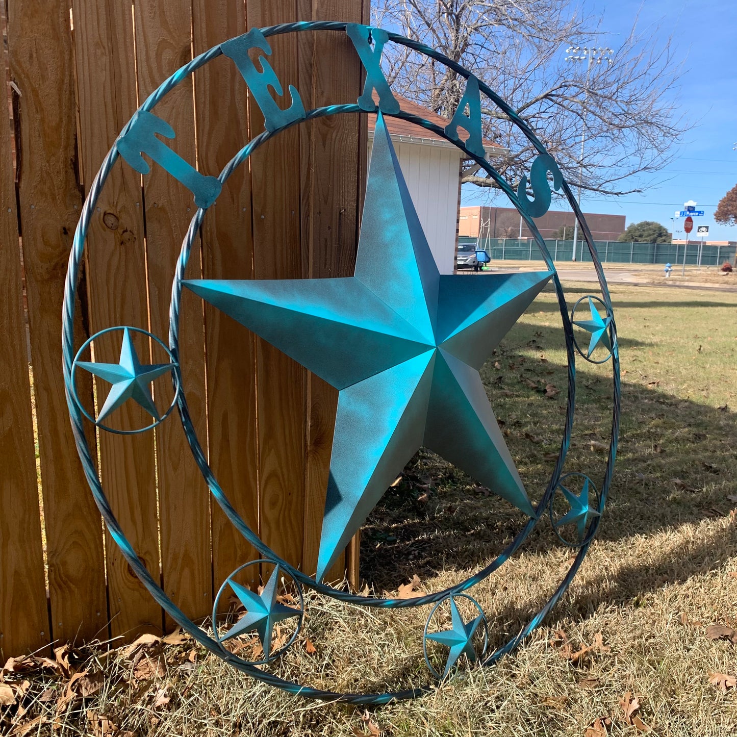 TEXAS LONESTAR TURQUOISE DISTRESSED TWO TONE METAL BARN STAR TWISTED ROPE RING WALL ART WESTERN HOME DECOR HANDMADE NEW #EH10483