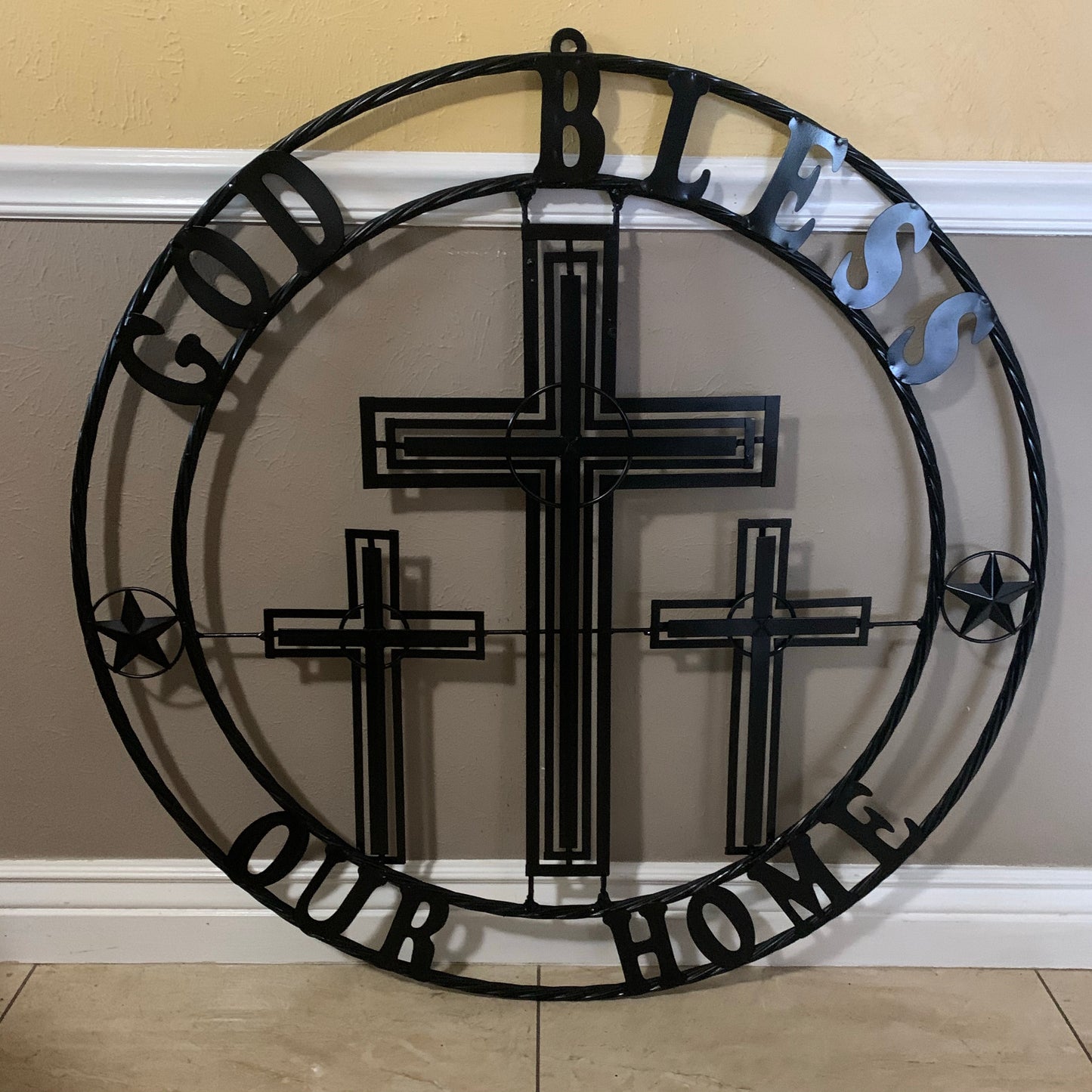 40"GOD BLESS OUR HOME CRUCIFIX CROSS METAL WALL ART BLACK HANDMADE NEW