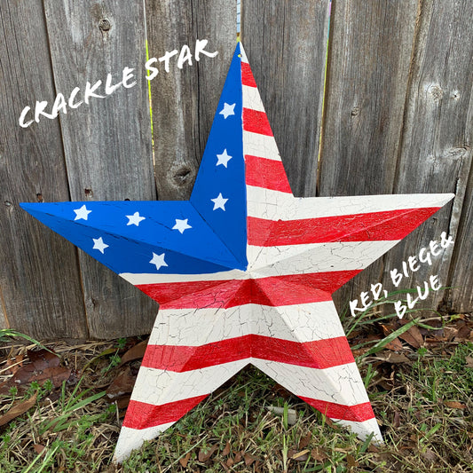 CRACKLE STAR RED WHITE BLUE Metal Wall Art Western Home Decor Handmade 9",12",16",24",30",34",36"