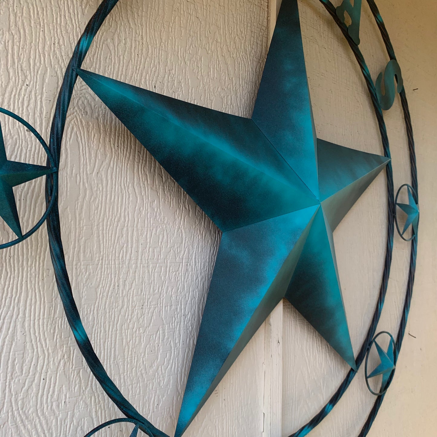 TEXAS LONESTAR TURQUOISE DISTRESSED TWO TONE METAL BARN STAR TWISTED ROPE RING WALL ART WESTERN HOME DECOR HANDMADE NEW #EH10483