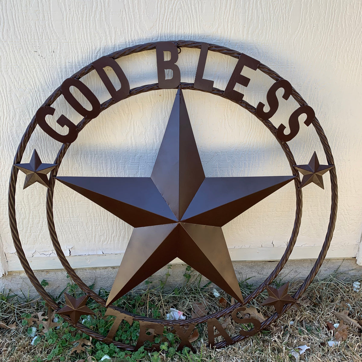 GOD BLESS TEXAS BROWN BARN STAR METAL LONE STAR TWISTED ROPE RING WESTERN HOME DECOR HANDMADE NEW #EH11085