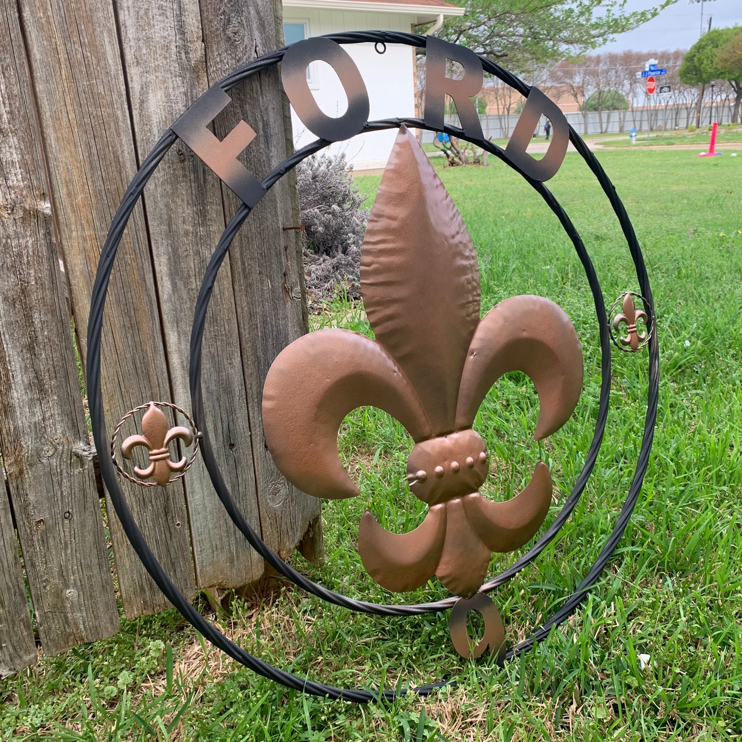 FORD STYLE YOUR CUSTOM NAME FLEUR DE LIS METAL TWISTED ROPE RING SIGN WALL ART WESTERN HOME DECOR HANDMADE 24", 32", 36"